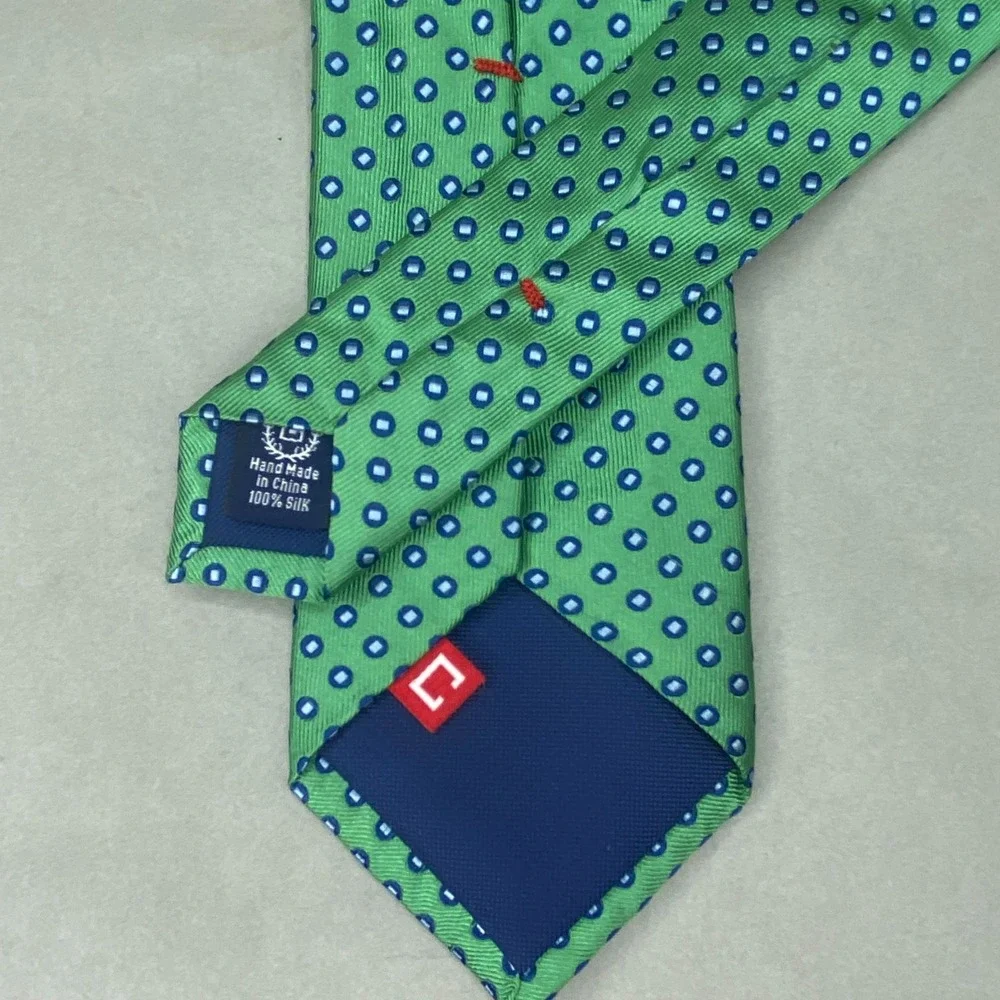 Chaps Silk Tie Mens Green Blue Geometric Medallion Dots Preppy Foulard Academia